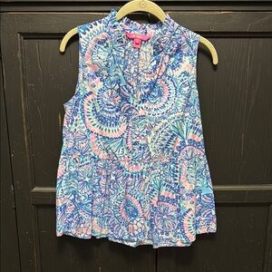 Lilly Pulitzer Blue and Pink Blouse with Ruffled Neckline tiered blouse